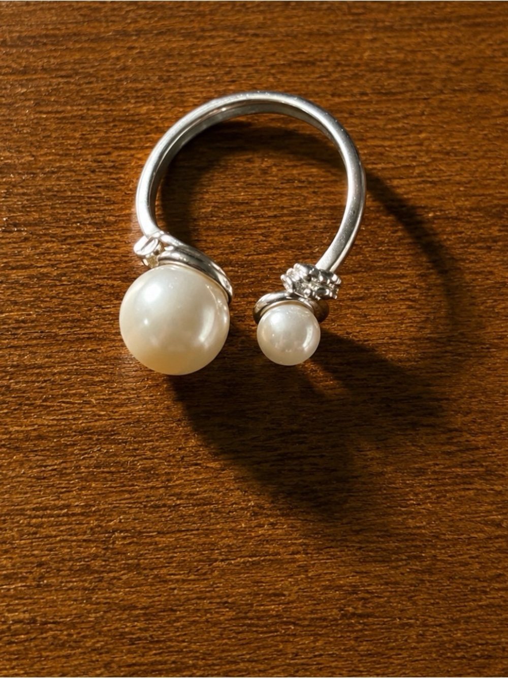 Silver tone Pearl Open Ring adjustable - White Pearls with two zirconia stones